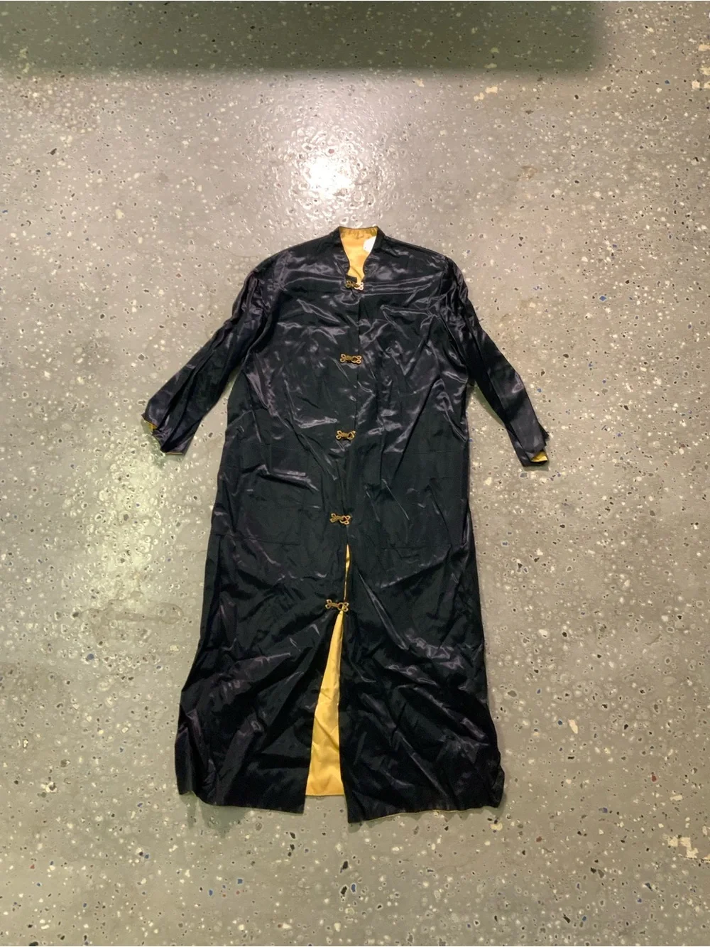Men's Navy Satin Mandarin Collar Long Coat with Gold Trim